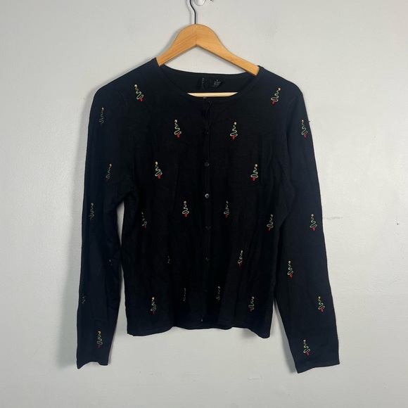 Etoile Sweaters - Etoile black Christmas tree button front cardigan size medium